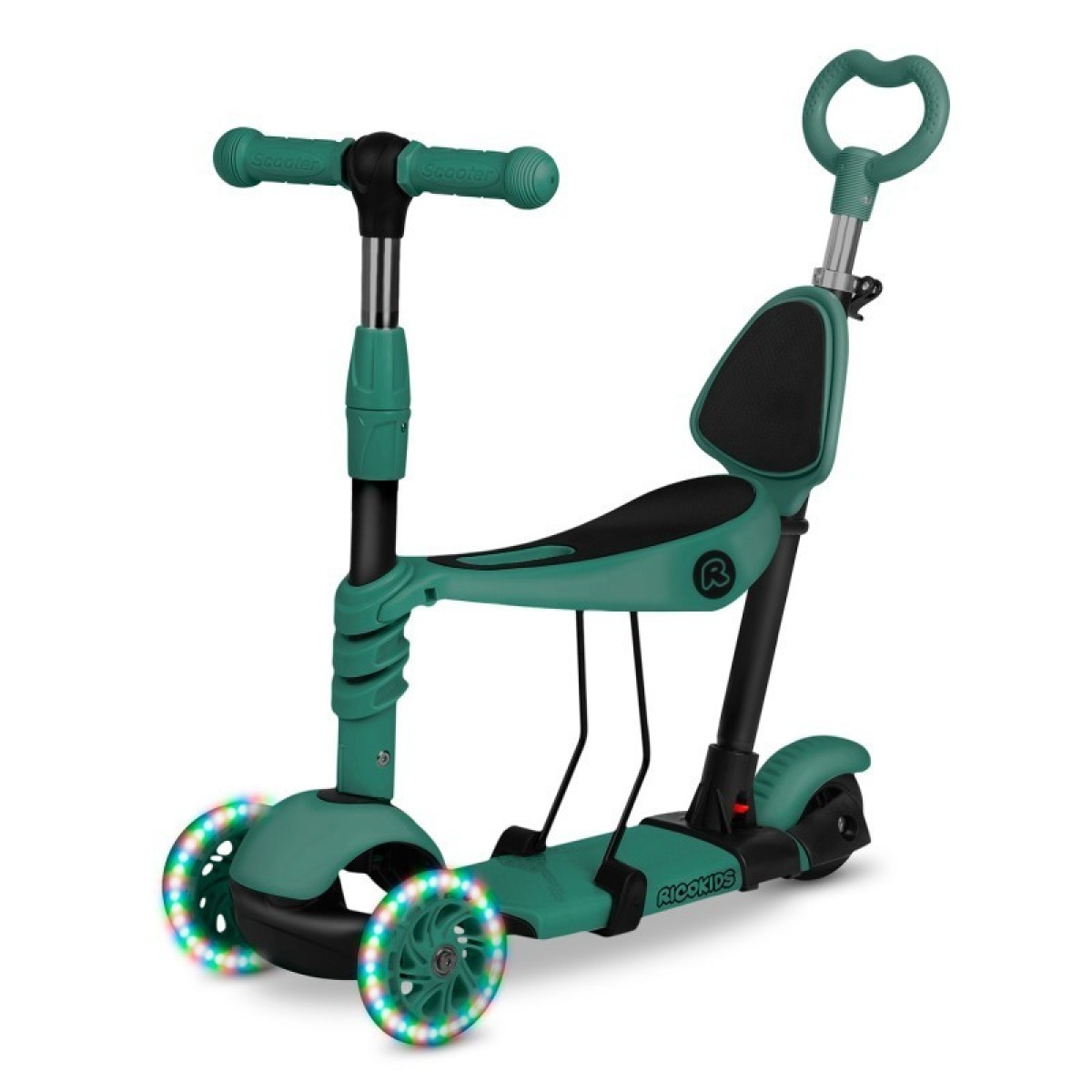 Ricokids Todi 3-in-1 skrejritenis ar sēdekli un stumšanas rokturi, zaļš