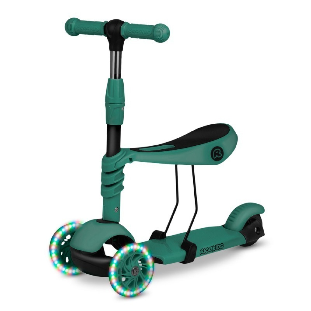 Ricokids Todi 3-in-1 skrejritenis ar sēdekli un stumšanas rokturi, zaļš