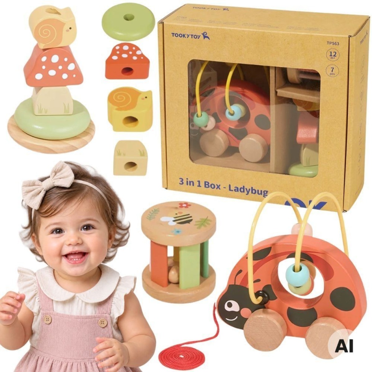 Koka mārītes 3-in-1 attīstošais komplekts, 8 detaļas, 12m+