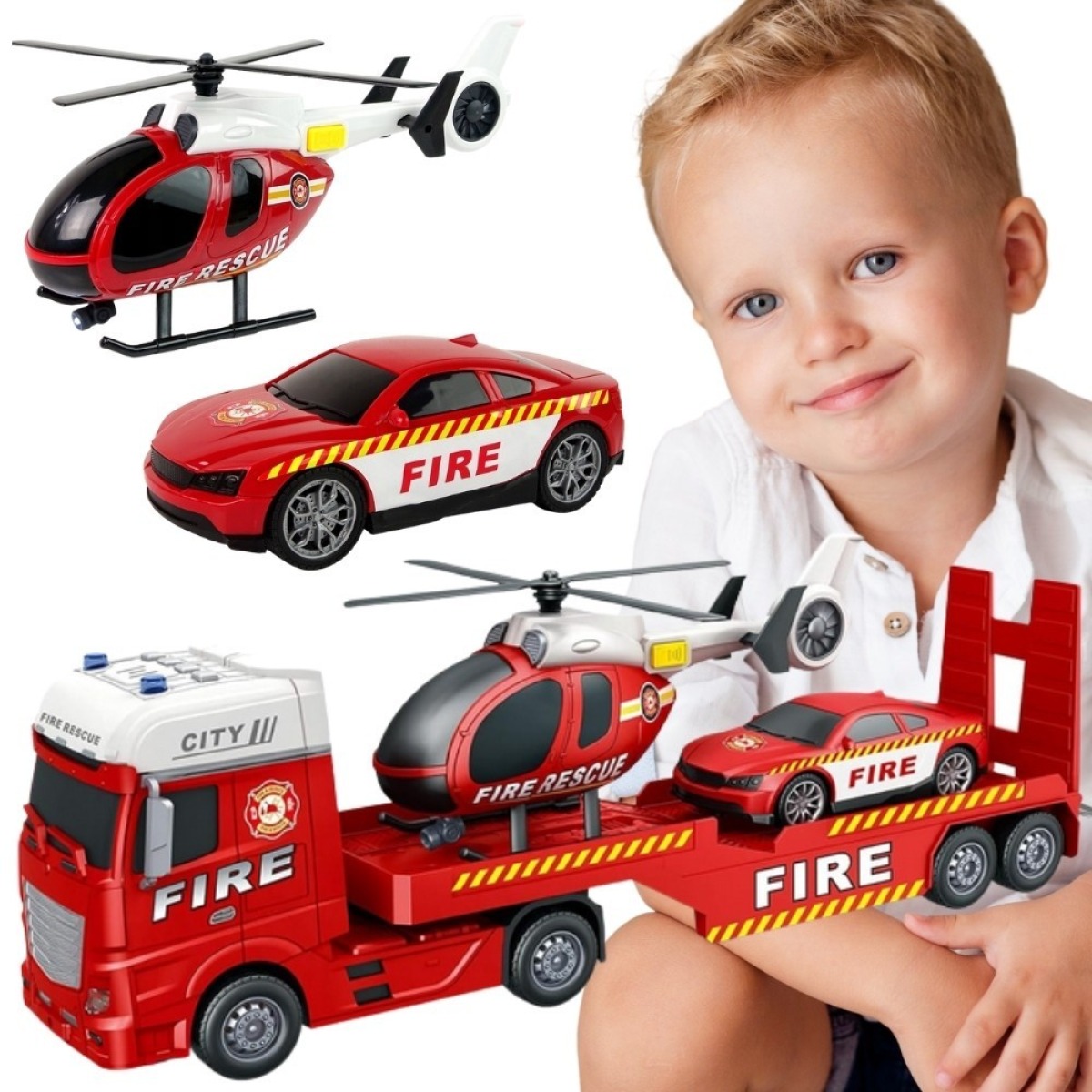 Ugunsdzēsēju auto, helikoptera un evakuatora komplekts 1:12 ar skaņu un gaismām