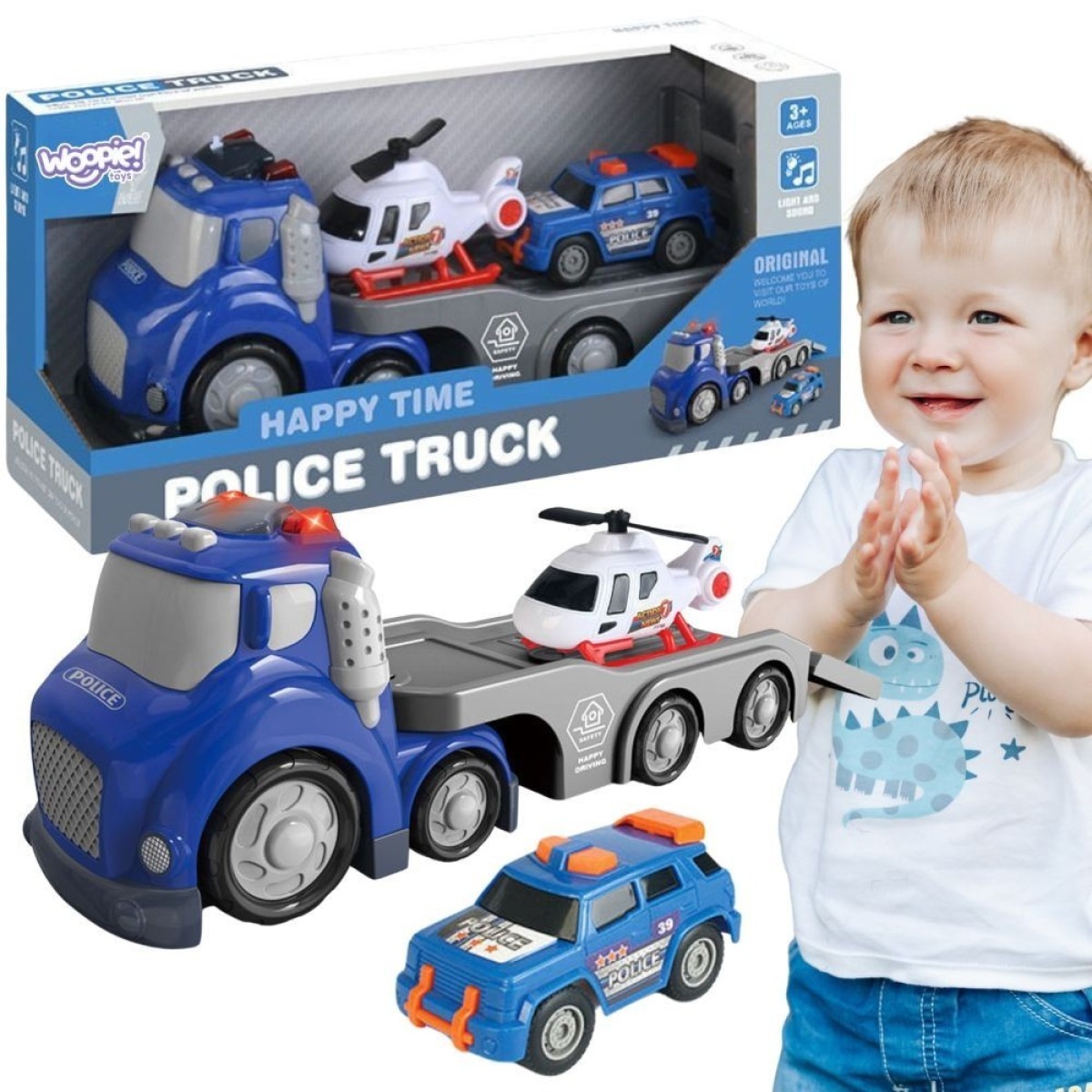 Zilais policijas evakuators City Truck ar gaismas un skaņas efektiem
