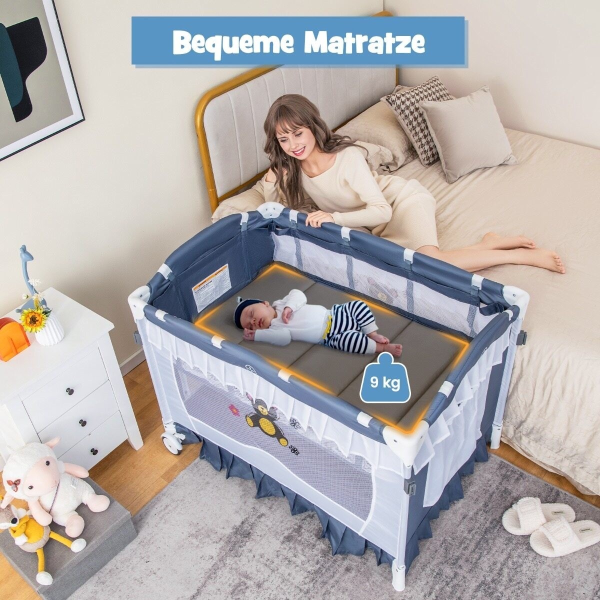 4-in-1 bērnu gultiņa ar baldahīnu, ceļojumu gultiņa un gultiņa, ko piestiprina pie vecāku gultas, pelēka