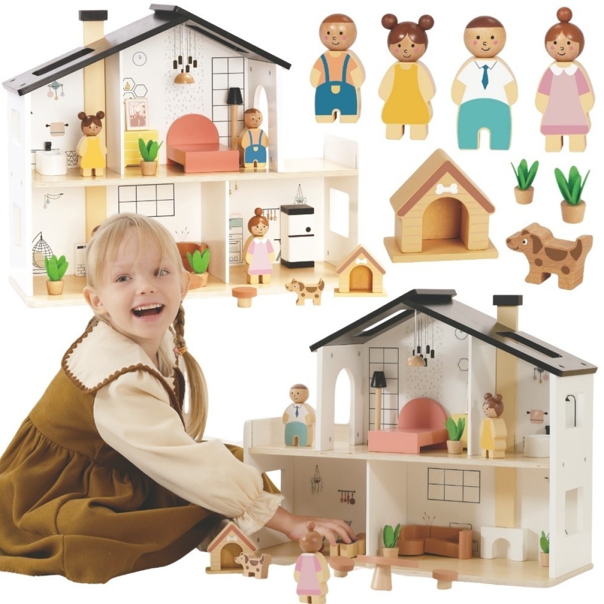 TOOKY TOY Koka nukumaja koos tarvikute ja perekonnaga 20 osa