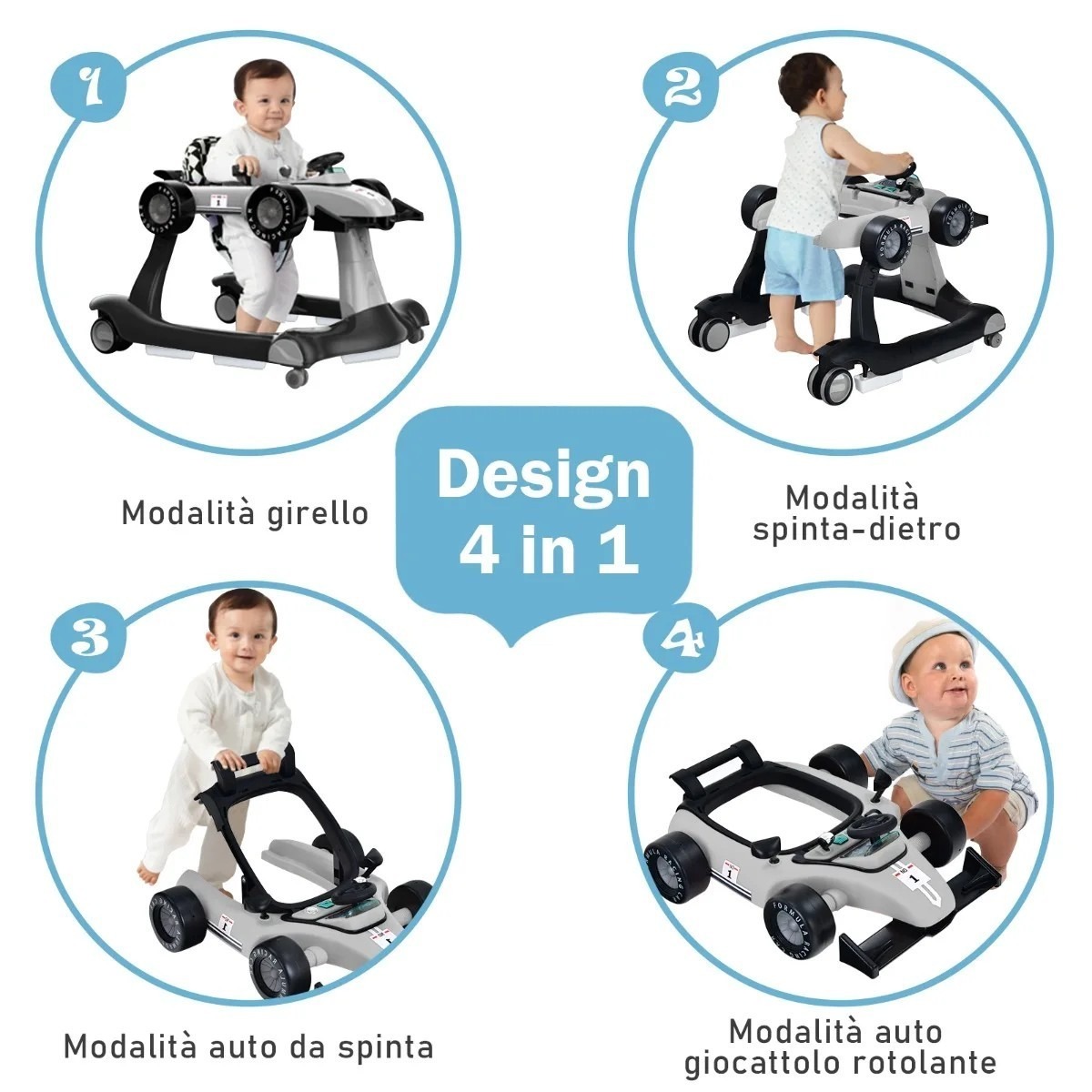 Salokāms 4 vienā bērnu staigulītis, pelēks