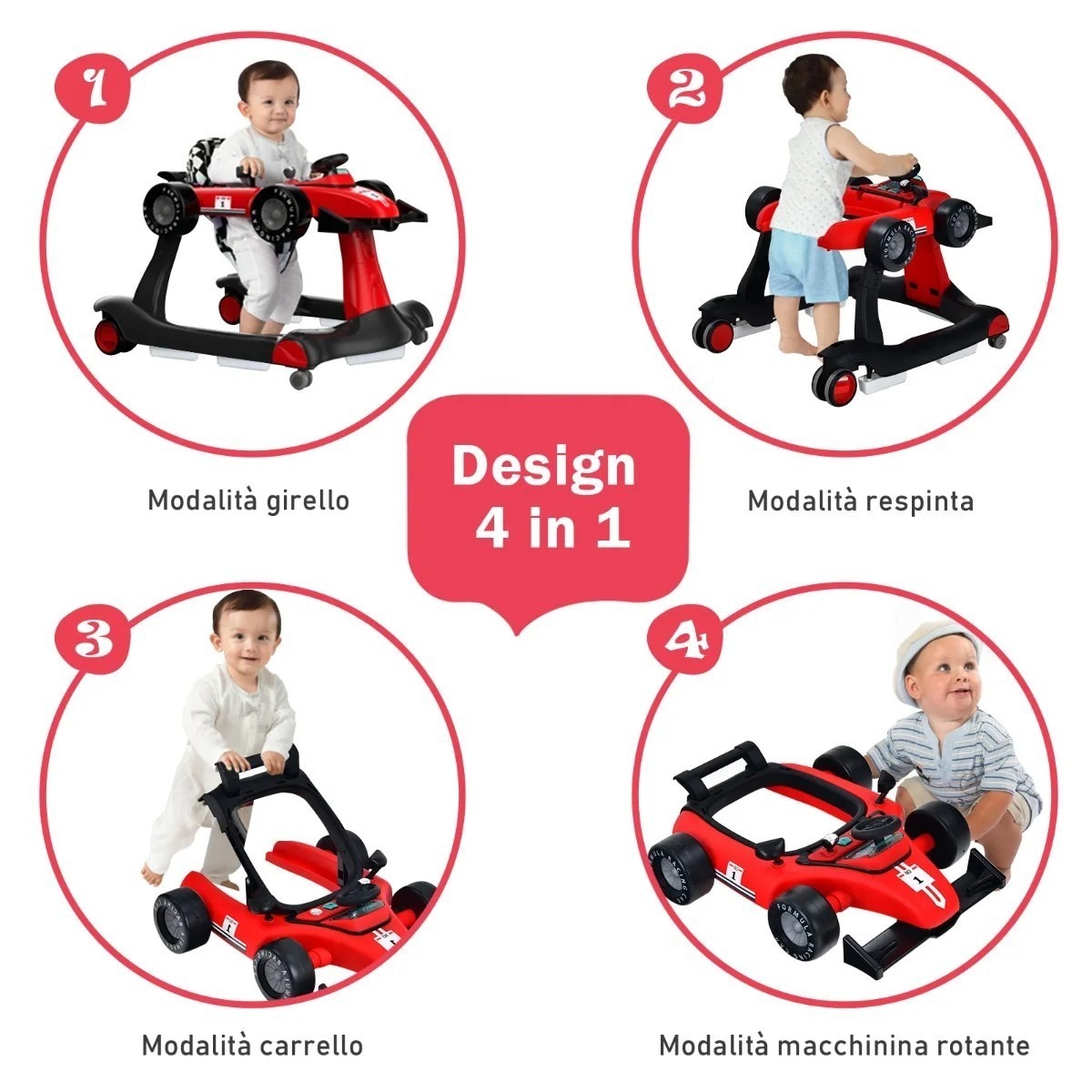 Saliekams 4-in-1 bērnu staigulis ar regulējamu augstumu, sarkans