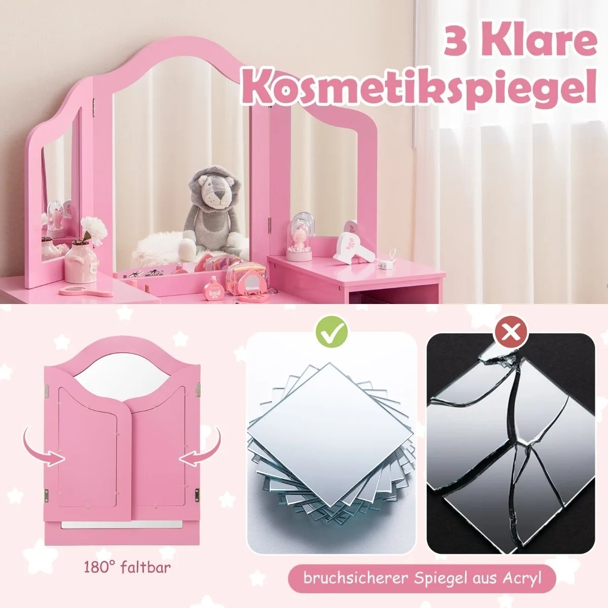 2-in-1 bērnu tualetes galdiņš princesei ar noņemamiem spoguļiem, rozā