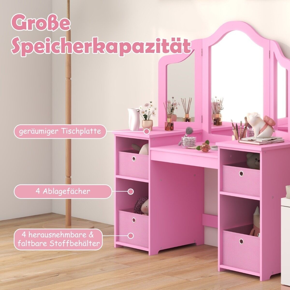 2-in-1 bērnu tualetes galdiņš princesei ar noņemamiem spoguļiem, rozā