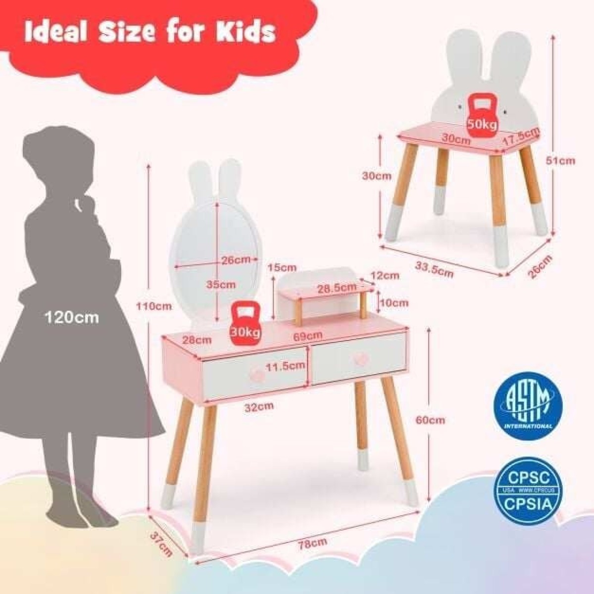 2-in-1 bērnu tualetes galdiņa un krēsla komplekts ar zaķa princeses motīvu, balts