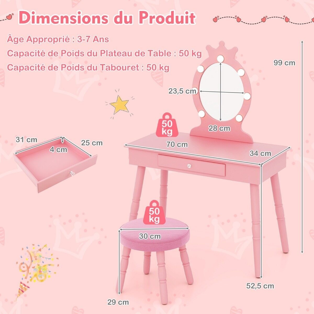 Bērnu 2-in-1 princeses tualetes galdiņš ar apgaismojumu, rozā