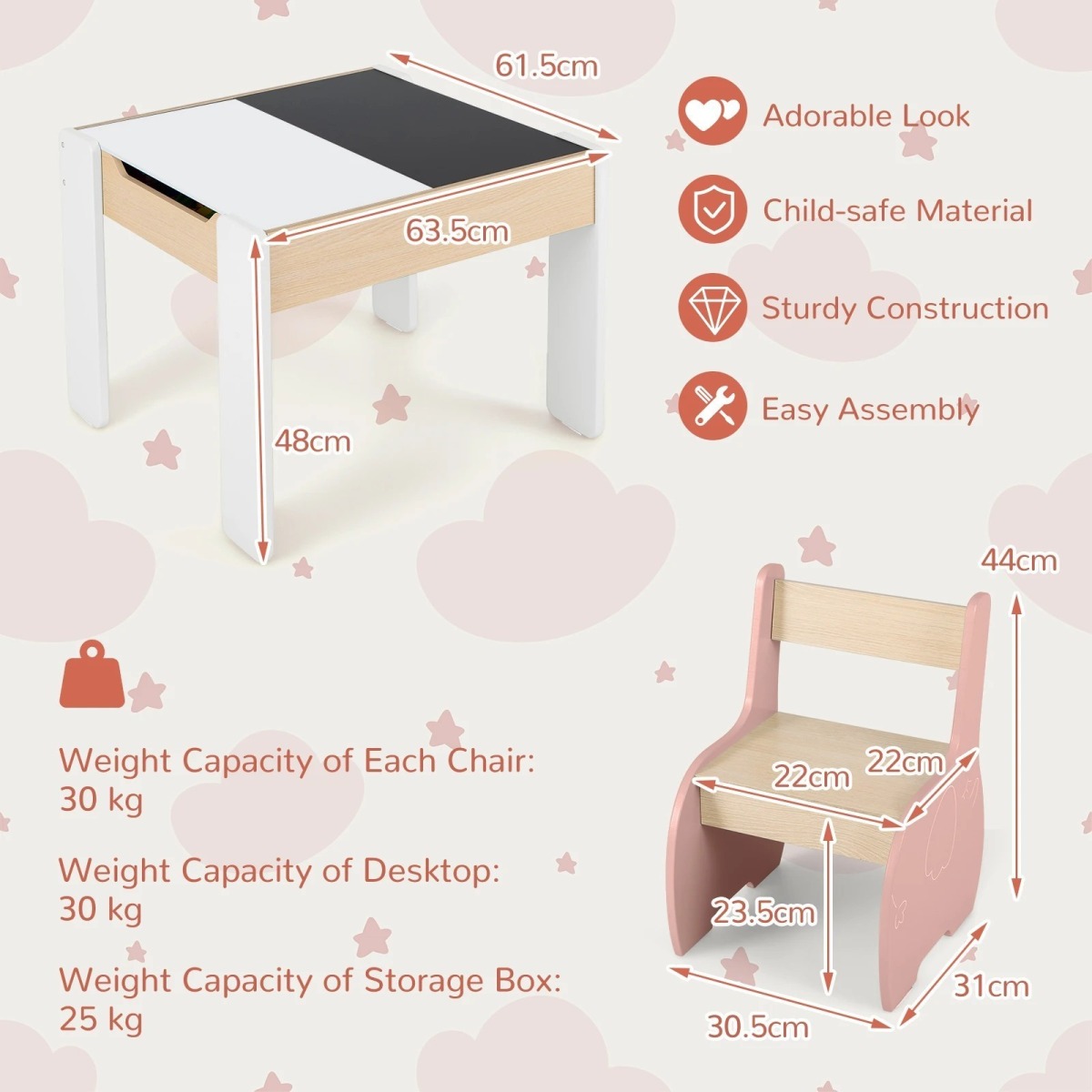 Koka laste tegevuslaud ja 2 tooli (õppimiseks / lastetuppa) 