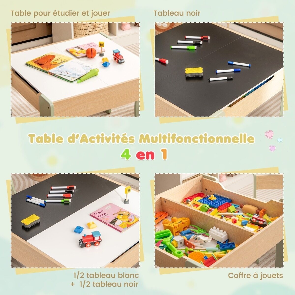 Koka bērnu galds un krēsli ar noņemamu paneli, zaļā krāsā | MIU Kids