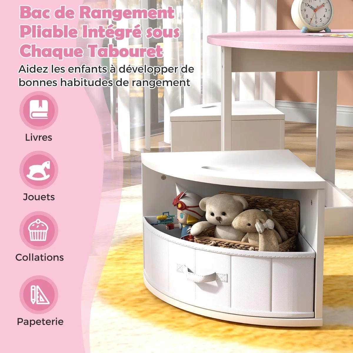 Apaļš bērnu galdiņš ar 4 zem galda pabīdāmiem krēsliņiem un uzglabāšanas kastēm, rozā/balts | MIU Kids