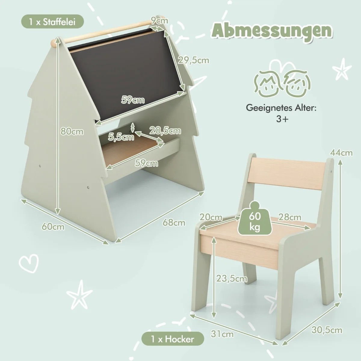 Zaļš, abpusējs bērnu molberts 2 vienā ar tabureti | MIU Kids
