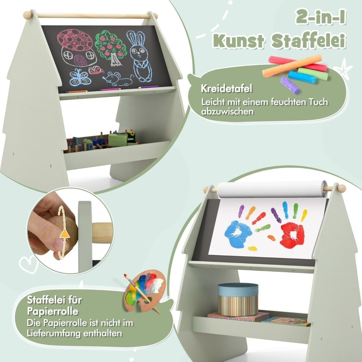 Zaļš, abpusējs bērnu molberts 2 vienā ar tabureti | MIU Kids