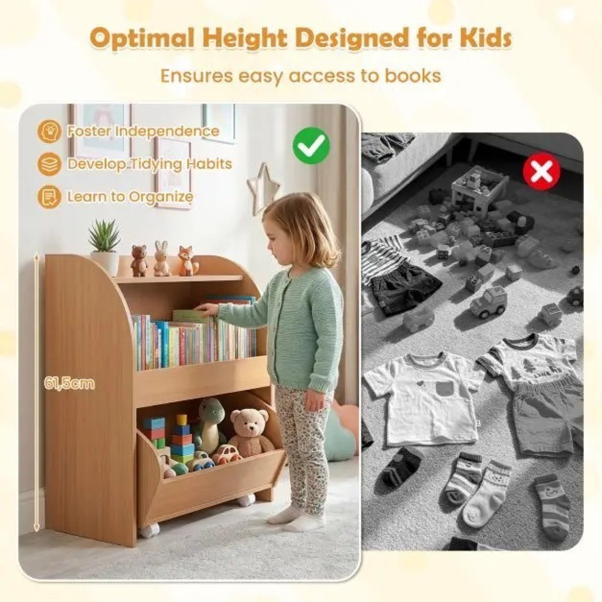 1m|Bērnu grāmatu plaukts ar izvelkamu atvilktni uz riteņiem, 61.5 cm, dabīgā krāsā | MIU Kids