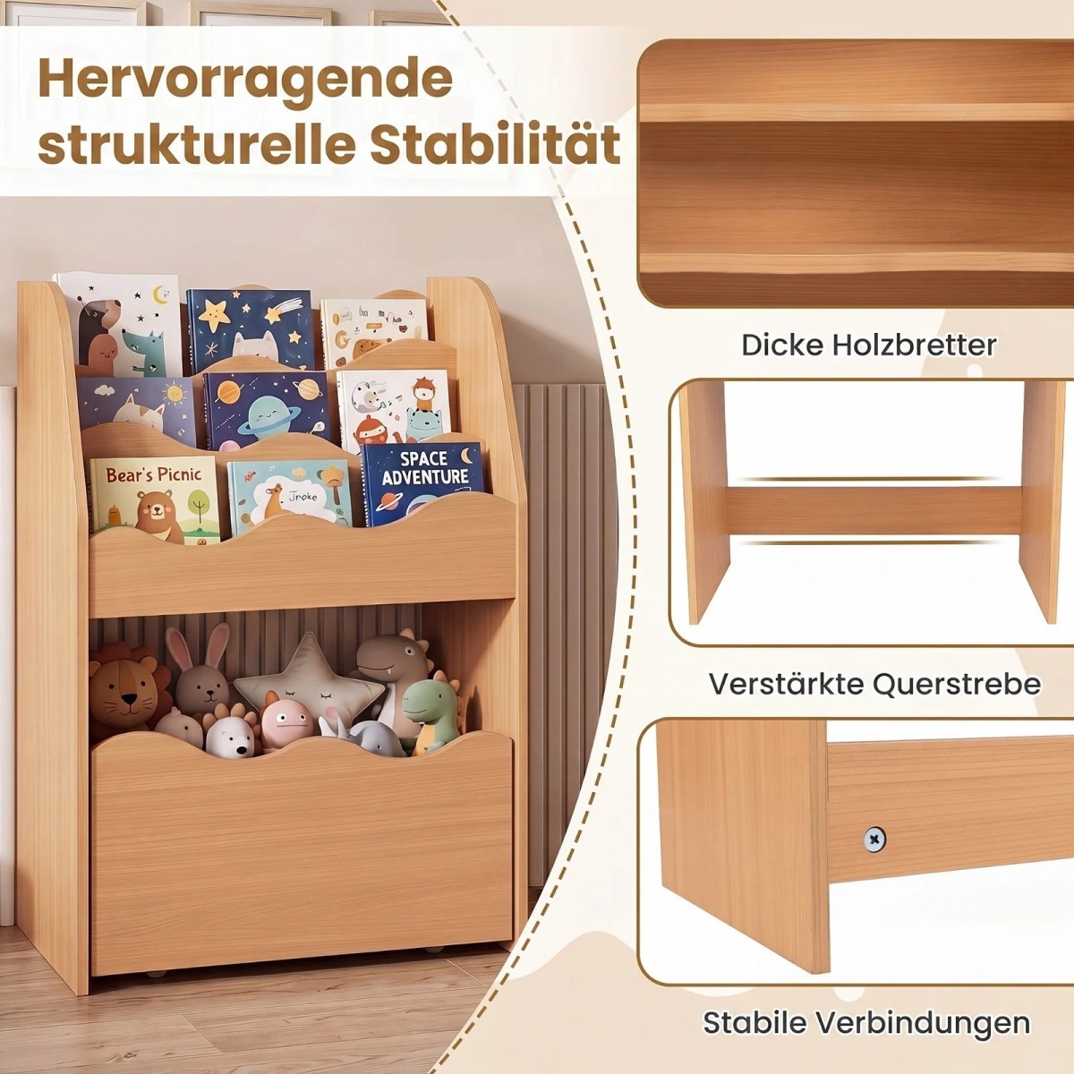 Bērnu raamaturiiul ja mänguasjade hoiulahendus – kolmetasand