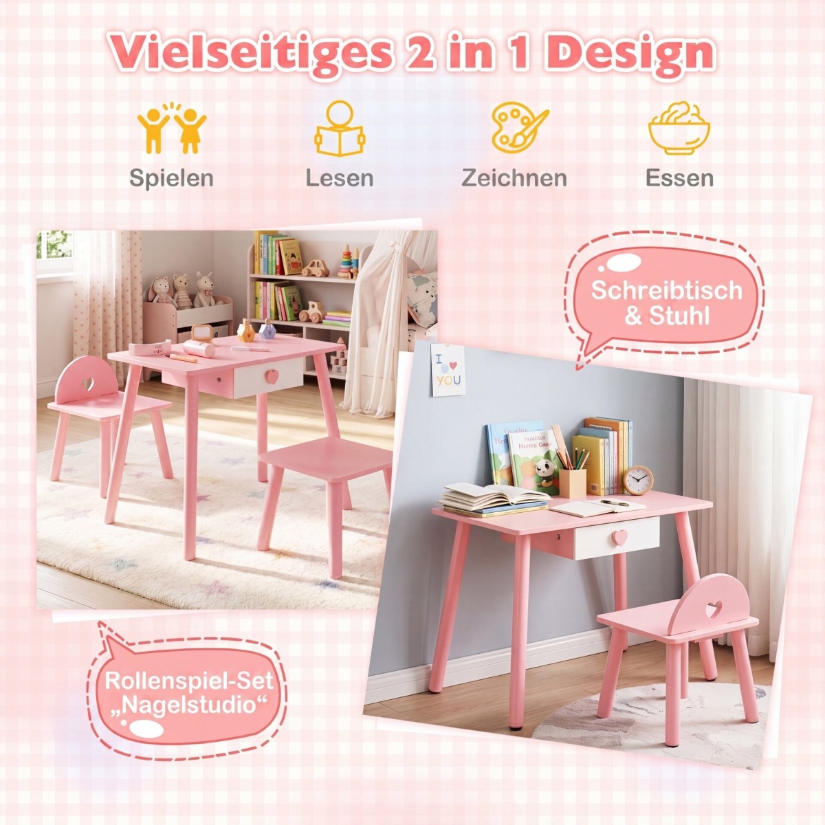 Bērnu 2-in-1 nagu salona galdiņa komplekts, rozā