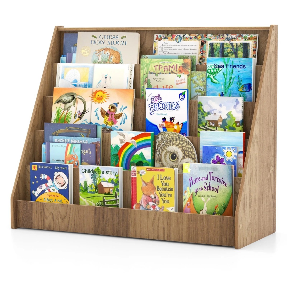Montessori bērnu grāmatu plaukts ar 5 līmeņiem, dabīga koka krāsā | MIU Kids