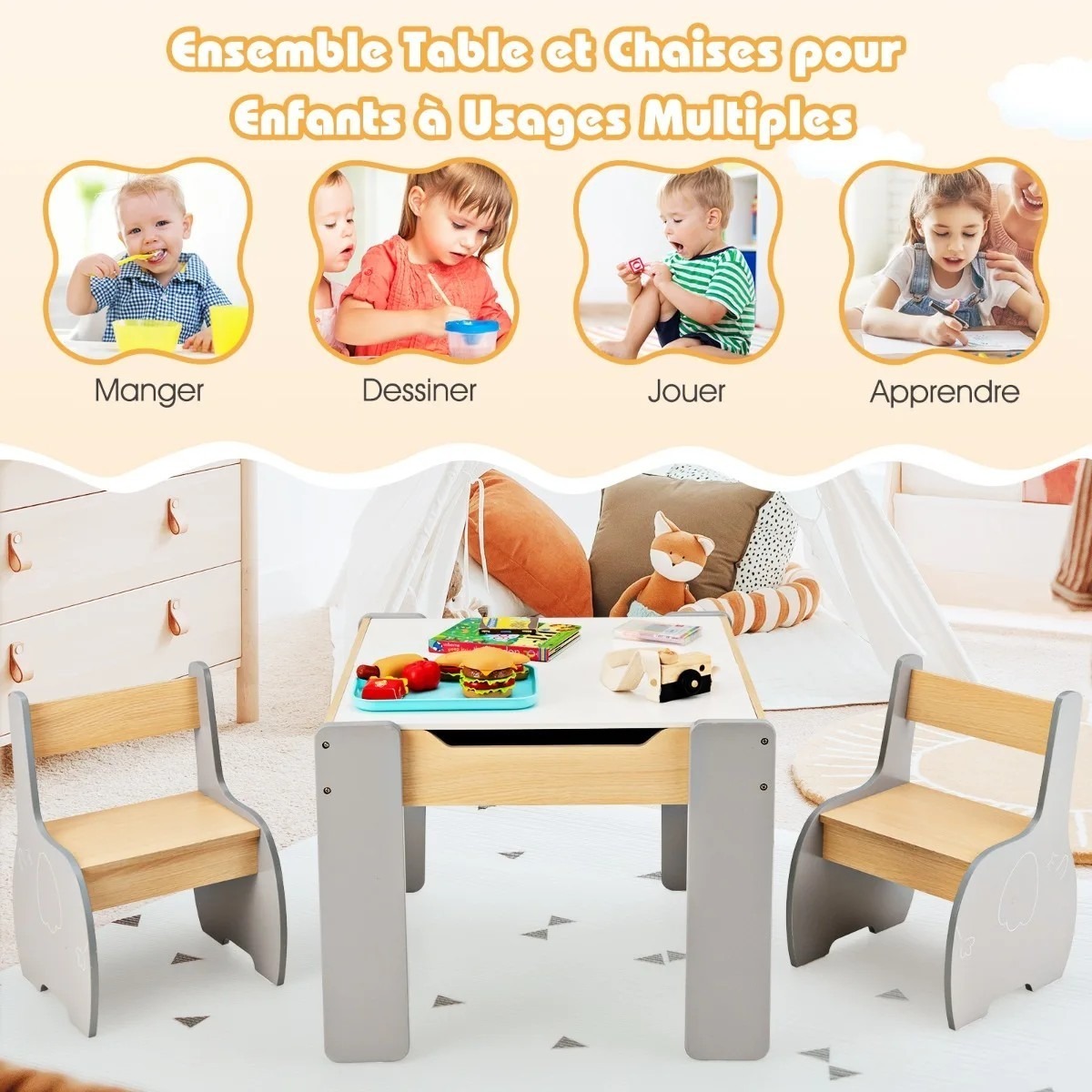 4-in-1 koka aktivitāšu galds un krēsli bērniem, 3–6 gadi | MIU Kids