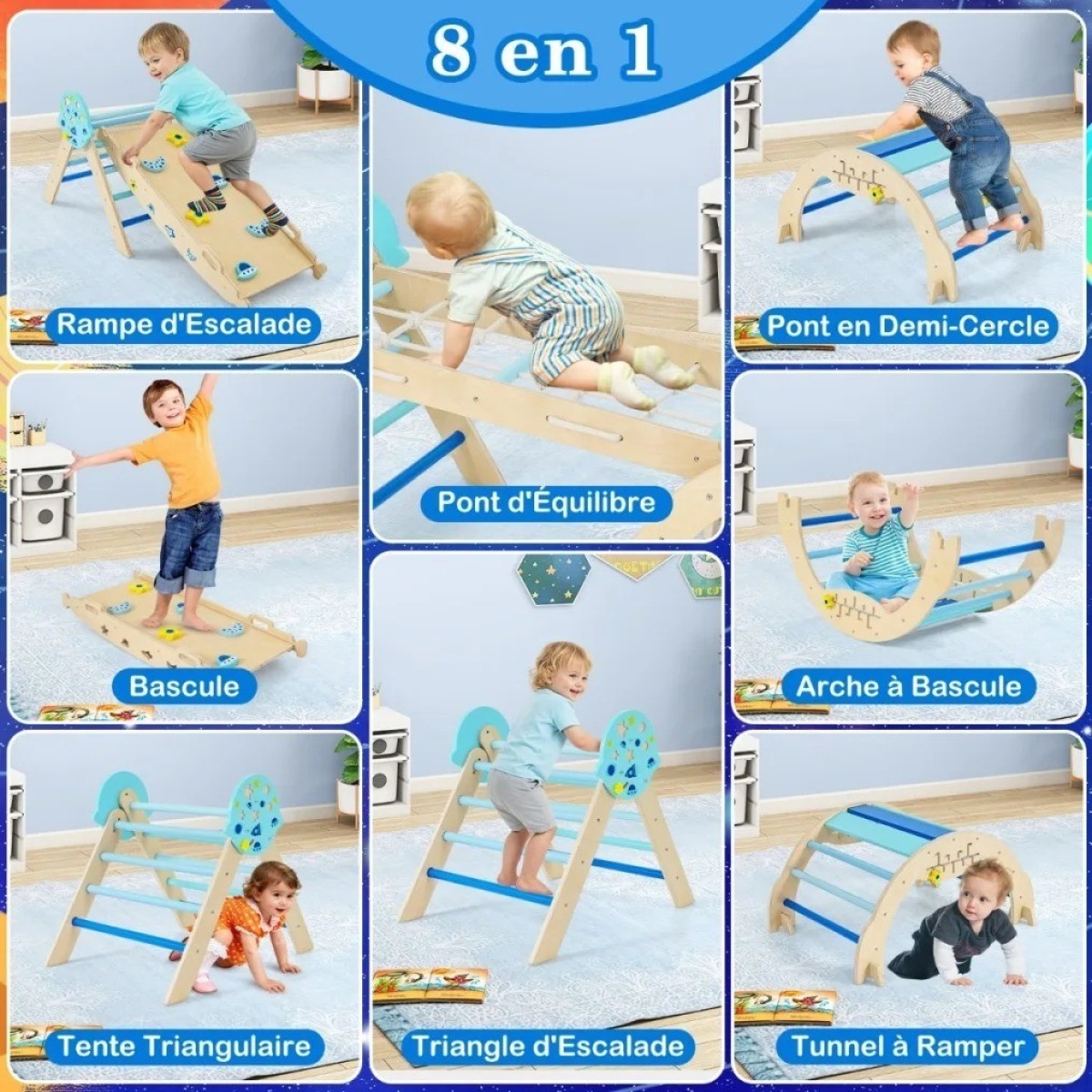 8-ühes kokkupandav mazuļa ronimisraam, koka Montessori astro