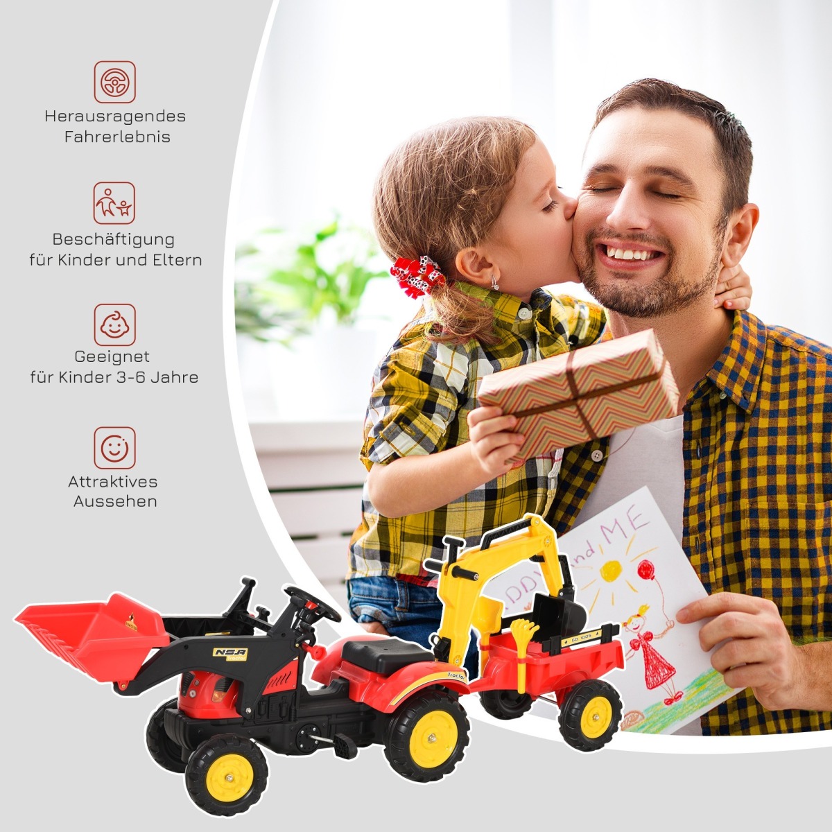 Bērnu pedāļu traktors ar frontālo iekrāvēju, sarkans – 3–6 gadiem