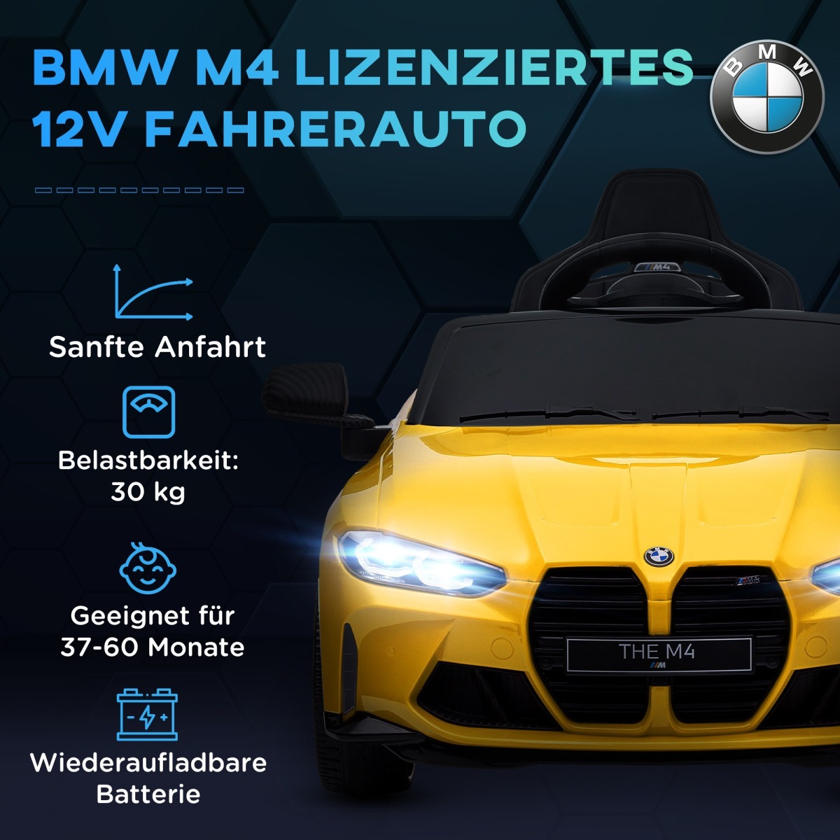 Elektriline lasteauto BMW M4 puldi, heli ja tuledega, kollan