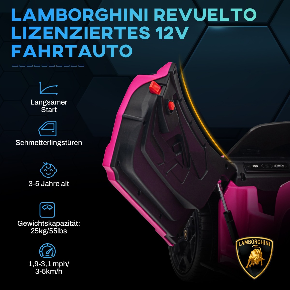 Bērnu elektriskā automašīna Lamborghini Revuelto 12V ar tālvadības pulti, rozā