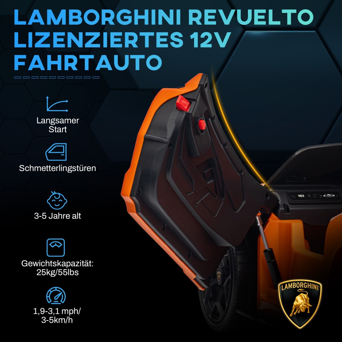 Lamborghini Revuelto bērnu elektroauto 12V ar tālvadības pulti, oranžs