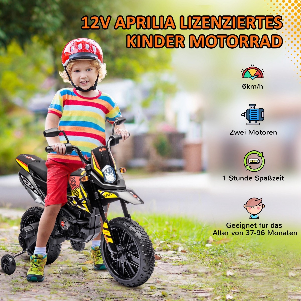Bērnu elektrimootorratas 12 V, tugirataste, LED-tulede, muus