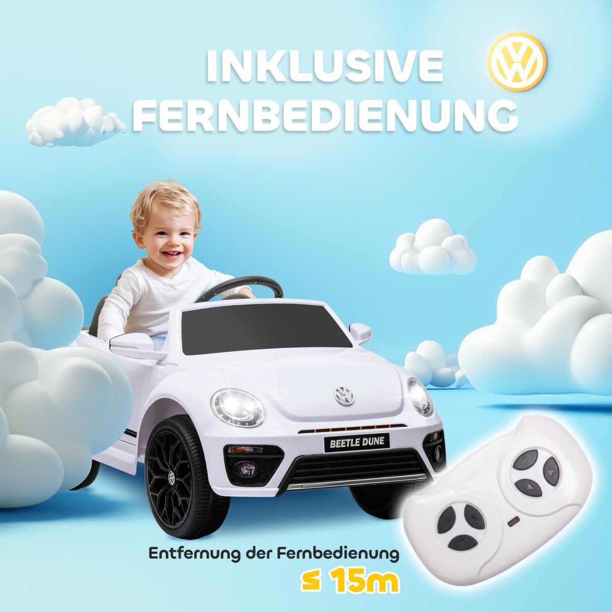 VW Beetle bērnu elektromobilis 12 V, balts, ar tālvadības pulti un mūziku