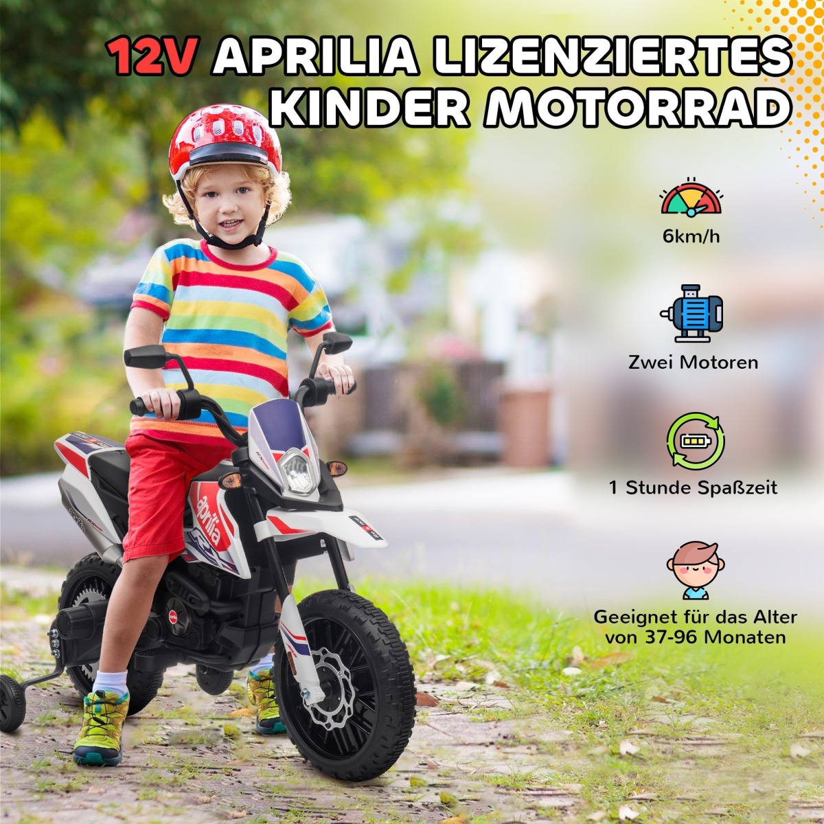 Balts Aprilia 12V bērnu elektriskais motocikls
