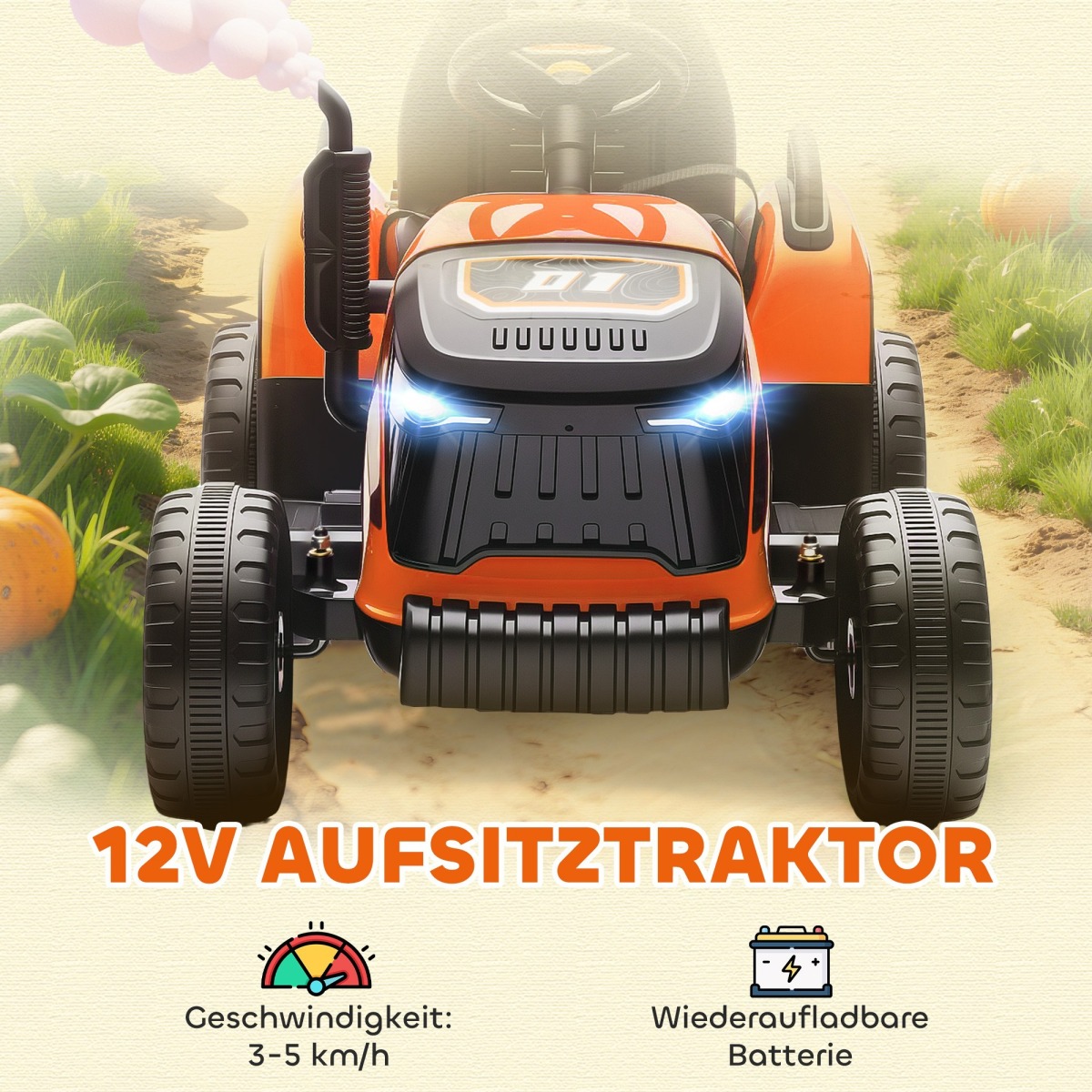 Elektriskais traktors bērniem ar piekabi, tālvadības pulti un vienmērīgu startu, oranžs