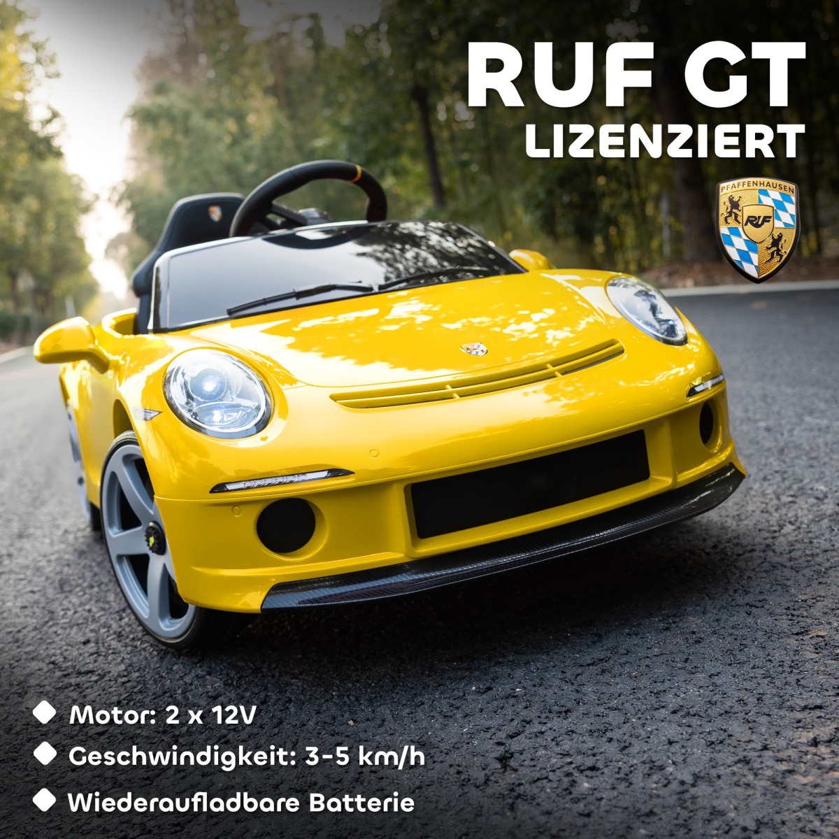 Licencēts RUF GT bērnu elektromobilis ar tālvadības pulti un USB, dzeltens
