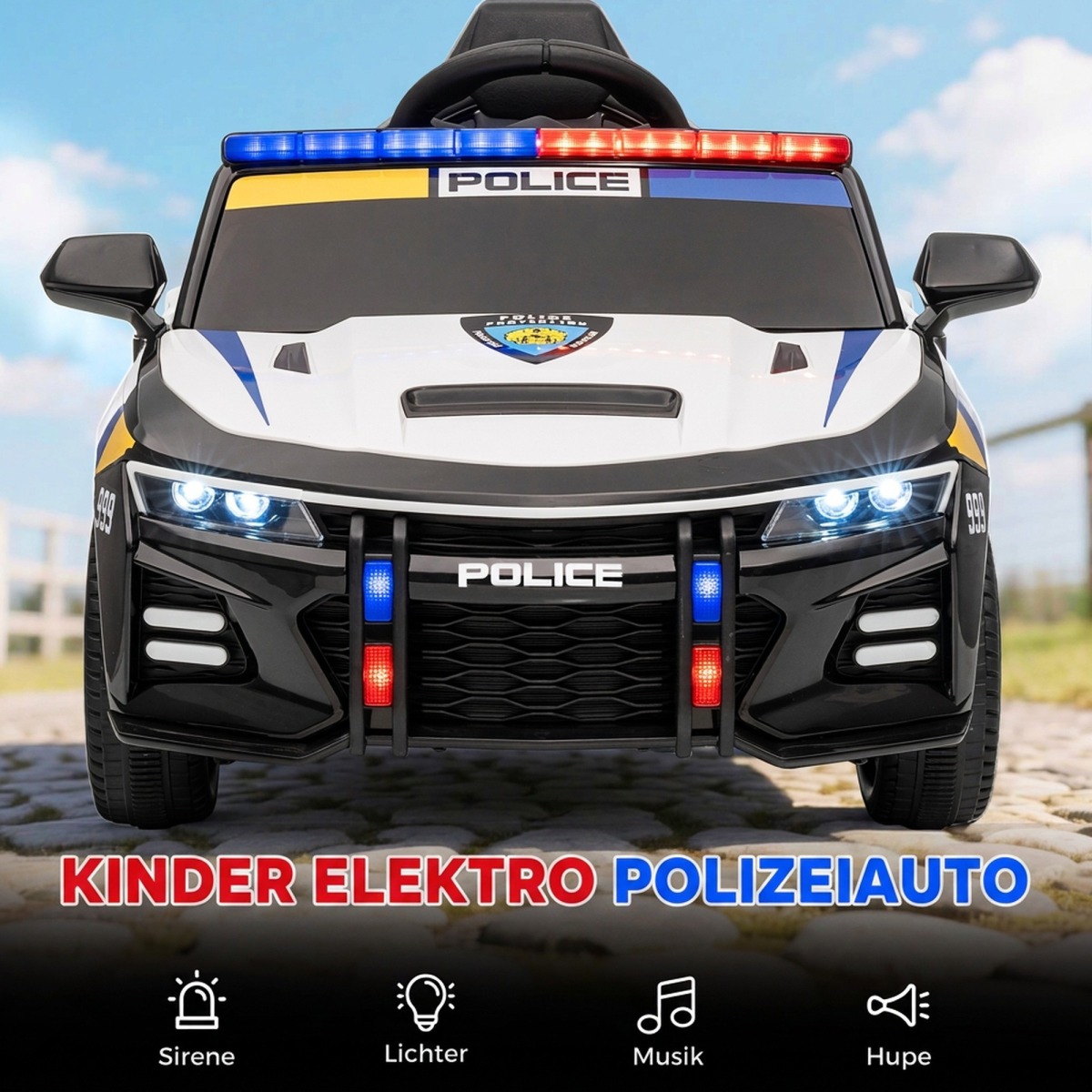 Valge 12 V laste elektriline politseiauto puldi, sireeni, tu