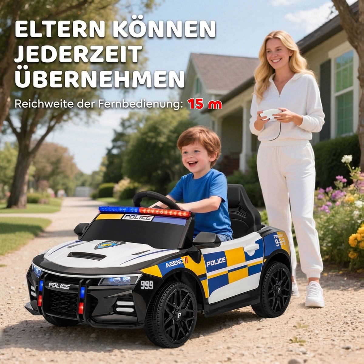 Valge 12 V laste elektriline politseiauto puldi, sireeni, tu