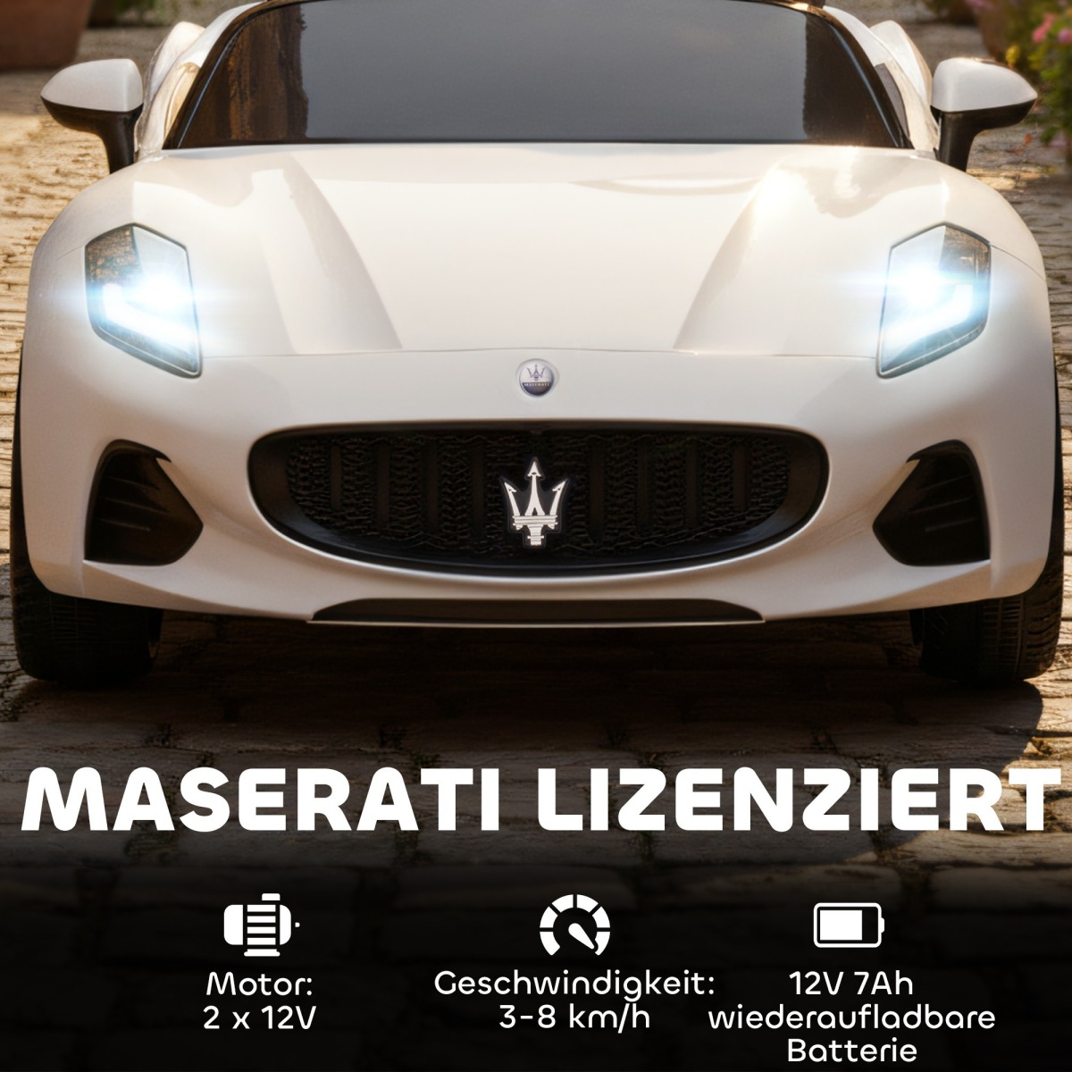 Valge Maserati elektriauto bērniem, 2-kohaline, 12 V, puldi 