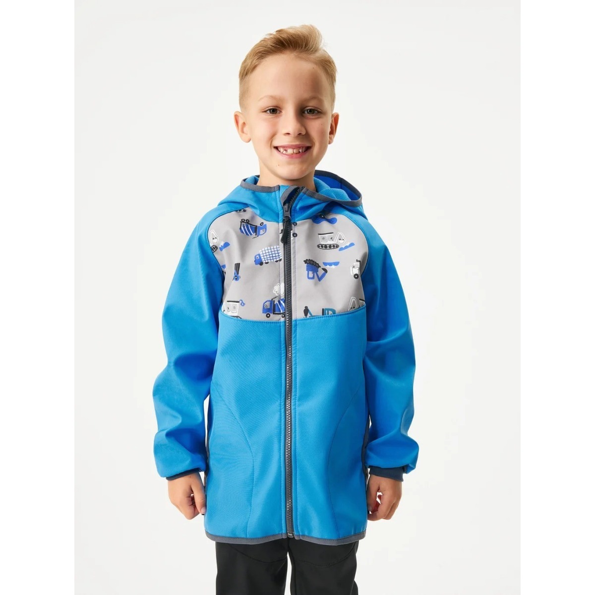 Bērnu softshell jaka ar flīsa oderi Basic, zila ar celtniecības tehnikas rakstu