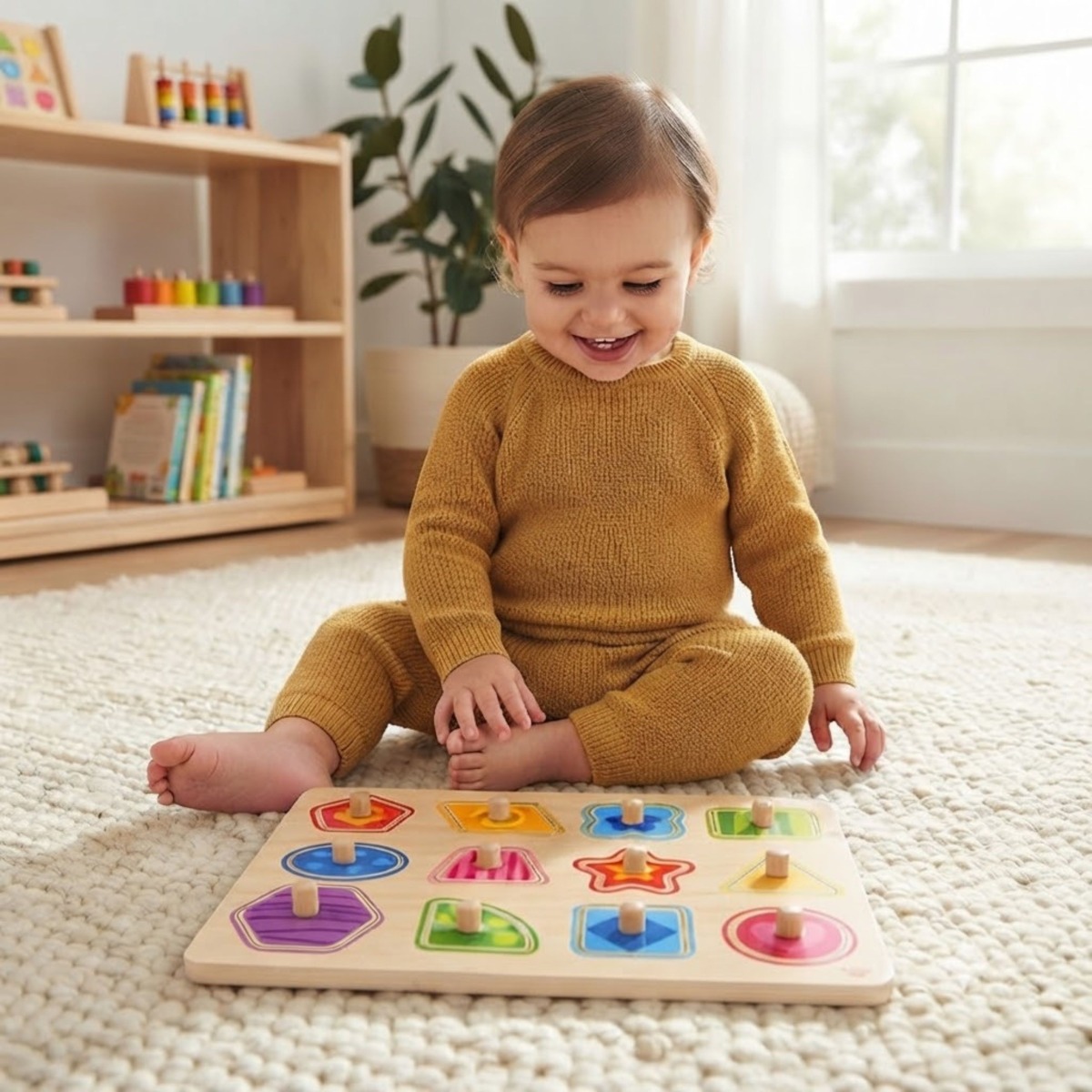 Koka Montessori puzle ar formu šķirošanu un tapiņām, 15 detaļas