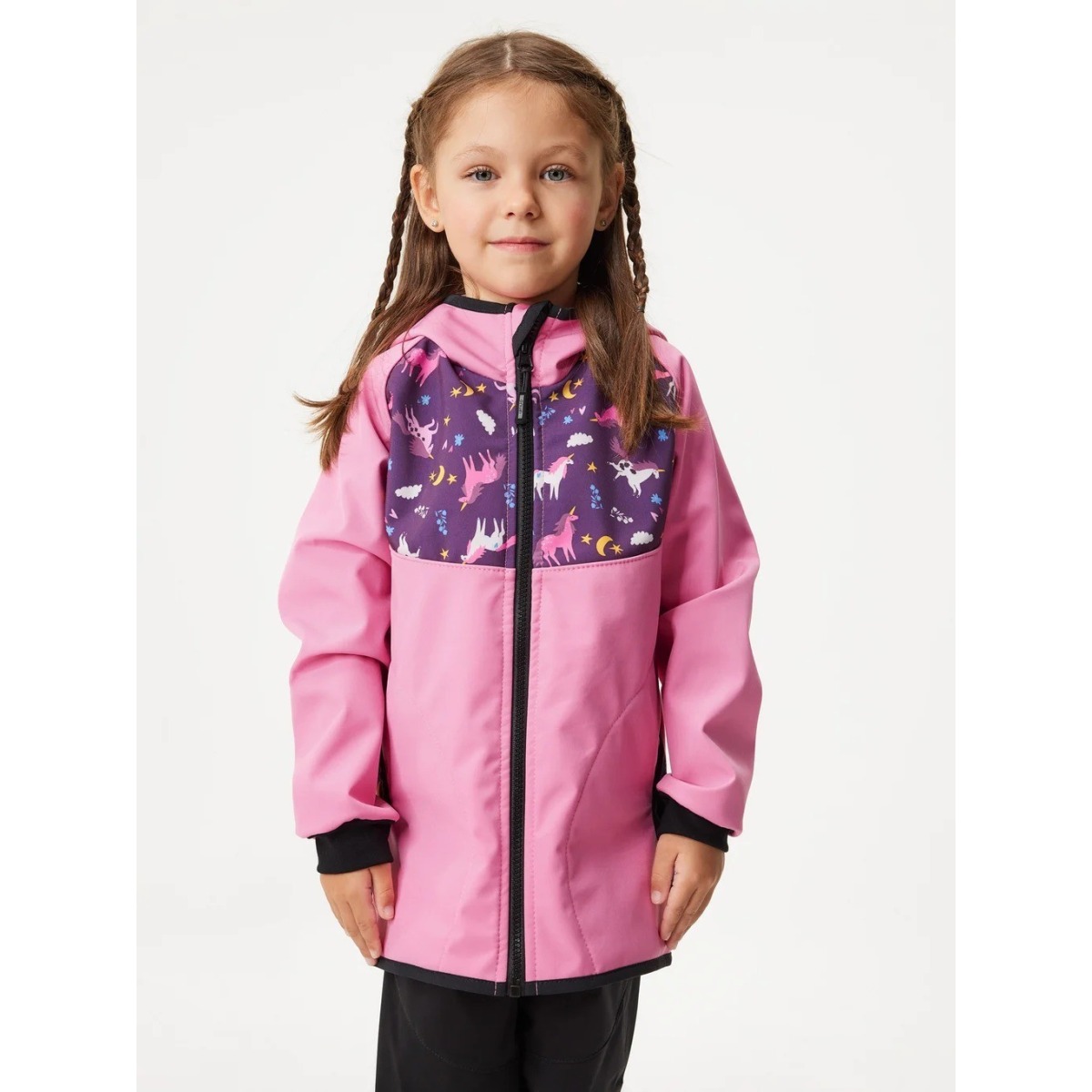 Bērnu softshell jope fliisvoodriga Basic, roosa-ükssarvikud