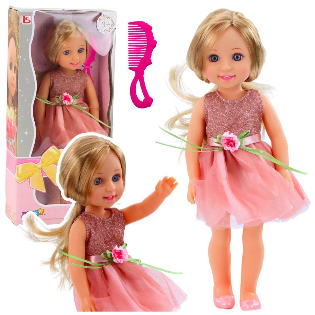 Rozā kleitā tērpta lelle ar ķemmi, 38 cm