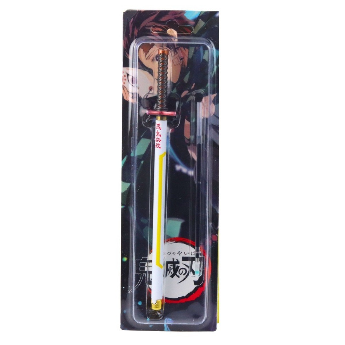 Balta un dzeltena metāla lodīšu pildspalva katana formā ar anime dizainu