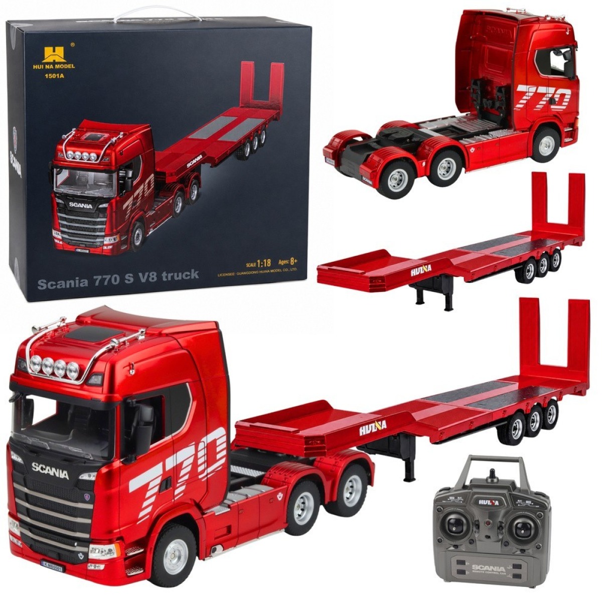 Punane Scania 770S Huina RC-veoauto haagisega, 1:18