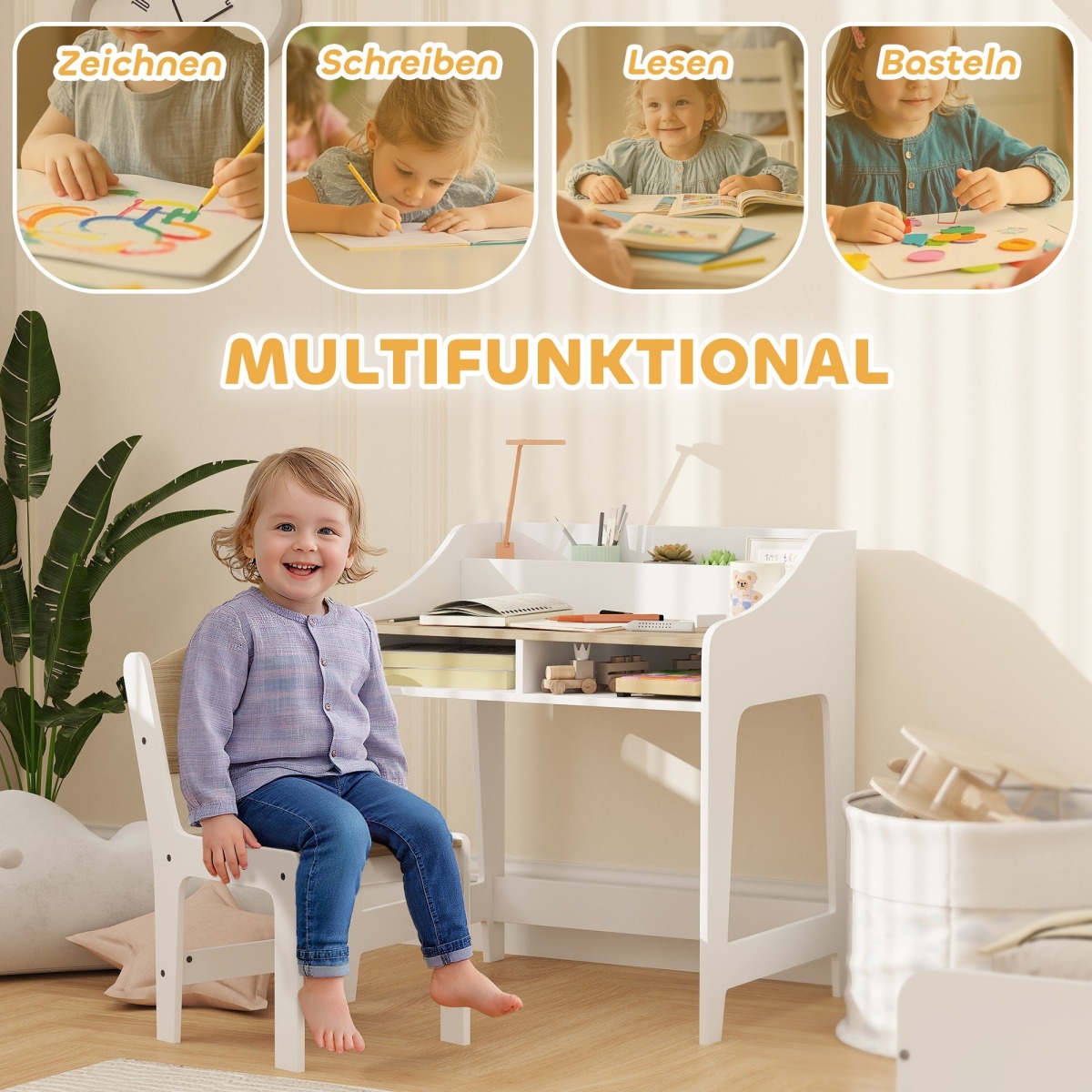 Bērnu laua- ja toolikomplekt hoiuruumi ja avatud riiulitega,