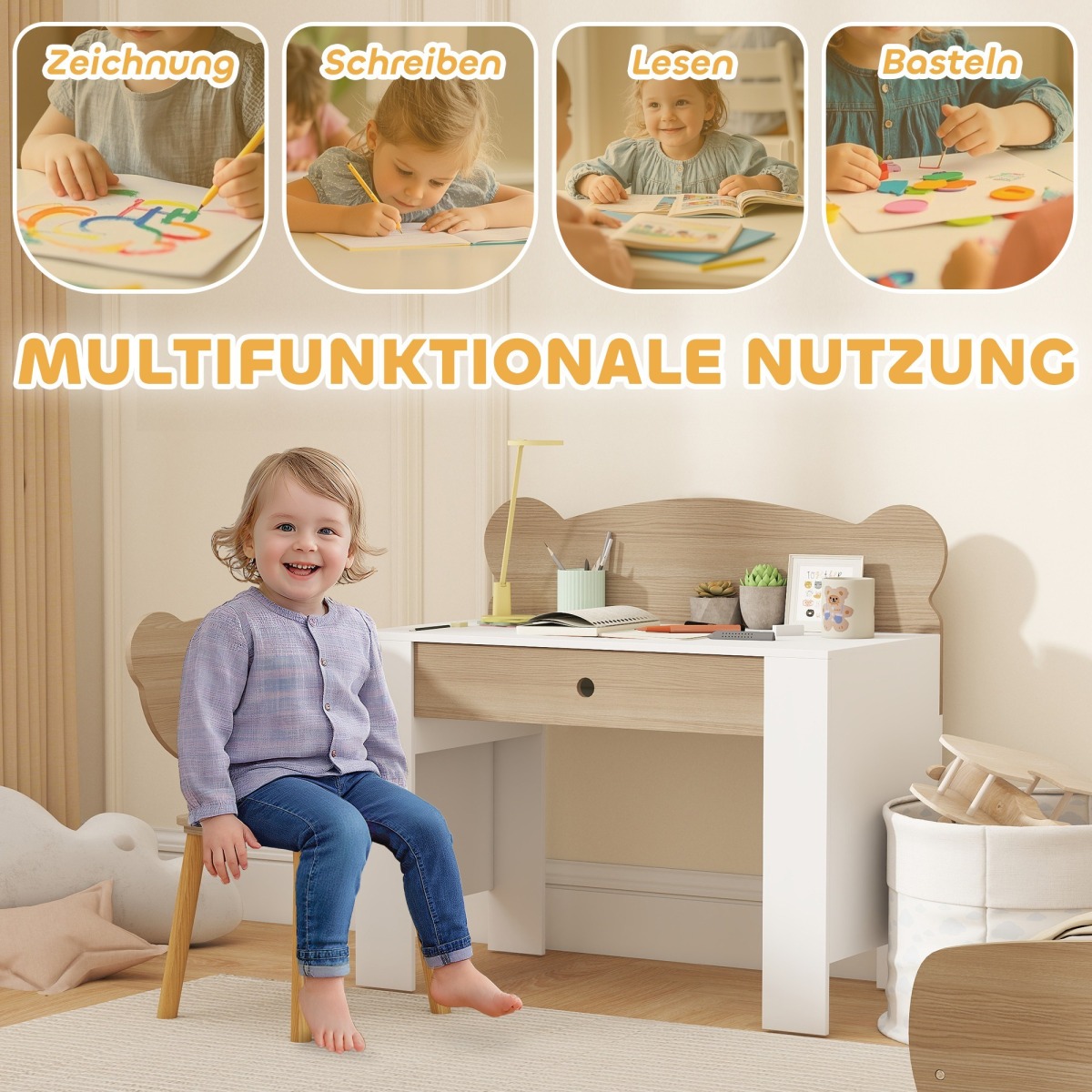 Karukujuline laste kirjutuslaua ja tooli komplekt, sahtliga,