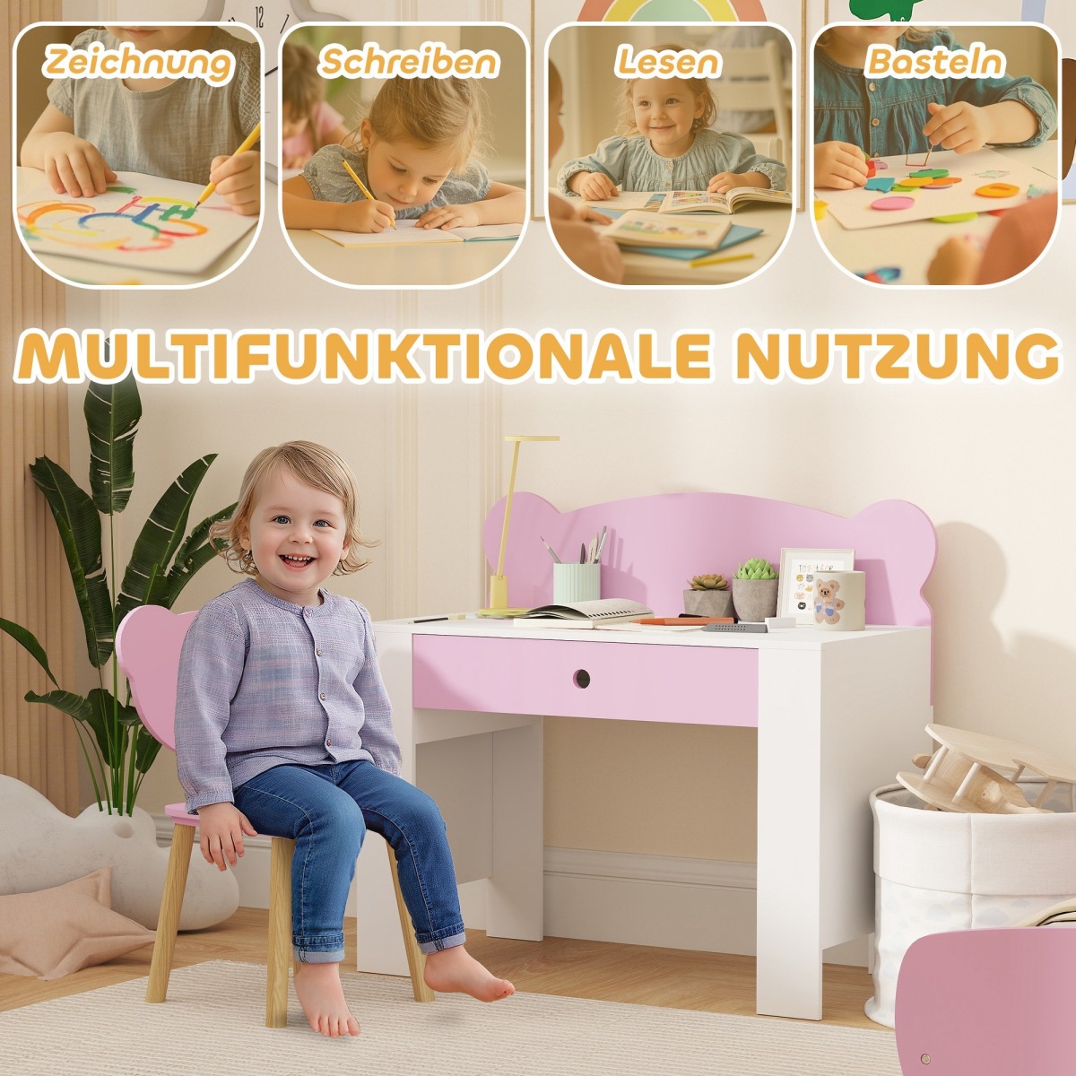 Roosa laste lauakomplekt karukujulise seljatoe ja sahtliga