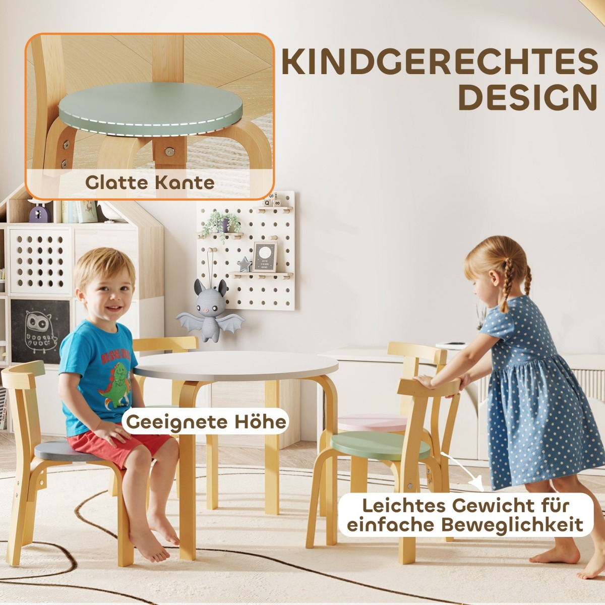 Krāsains masīvkoka bērnu galds un 4 krēsli, 5 daļas | MIU Kids