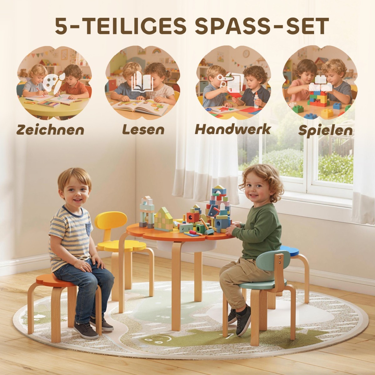 5 daļu bērnu galda un krēslu komplekts ar ziedu motīvu un uzglabāšanas somu | MIU Kids
