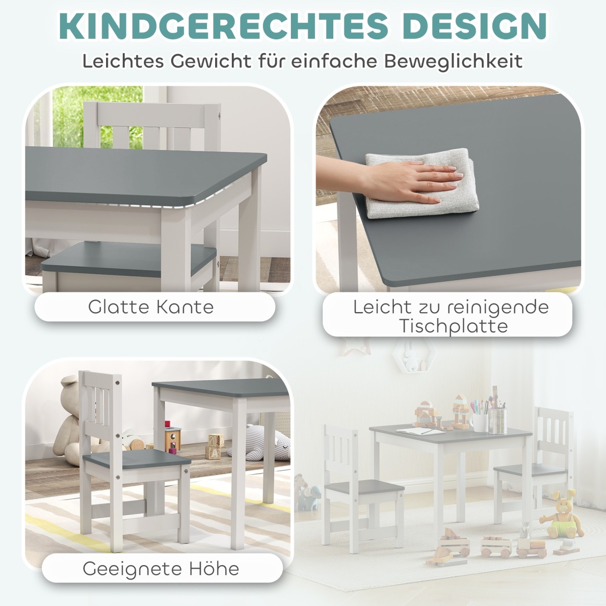 Bērnu galds ar 2 krēsliem, 3 daļas, pelēks un balts | MIU Kids