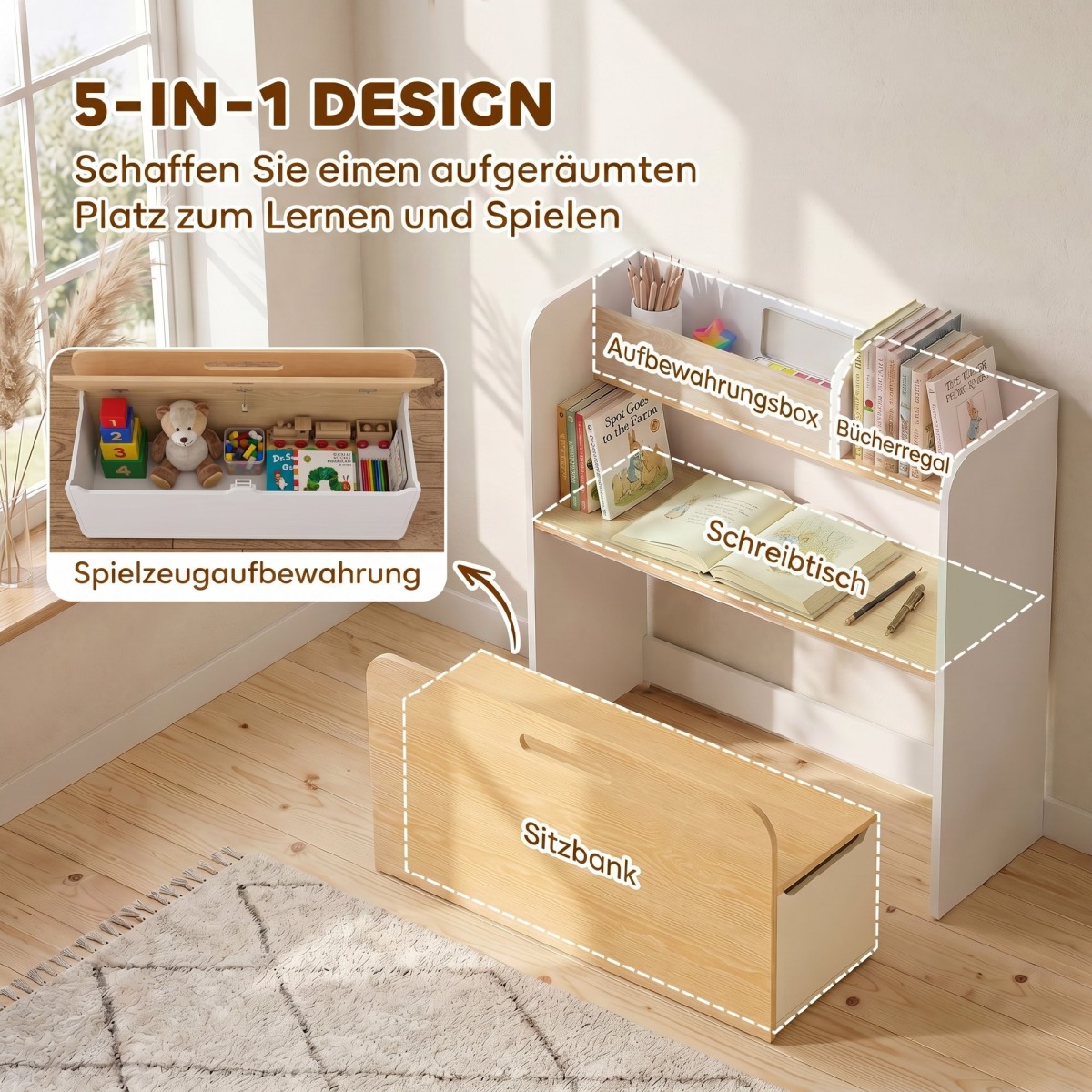 5-in-1 bērnu galds ar solu, grāmatu plauktu un uzglabāšanas kasti | MIU Kids