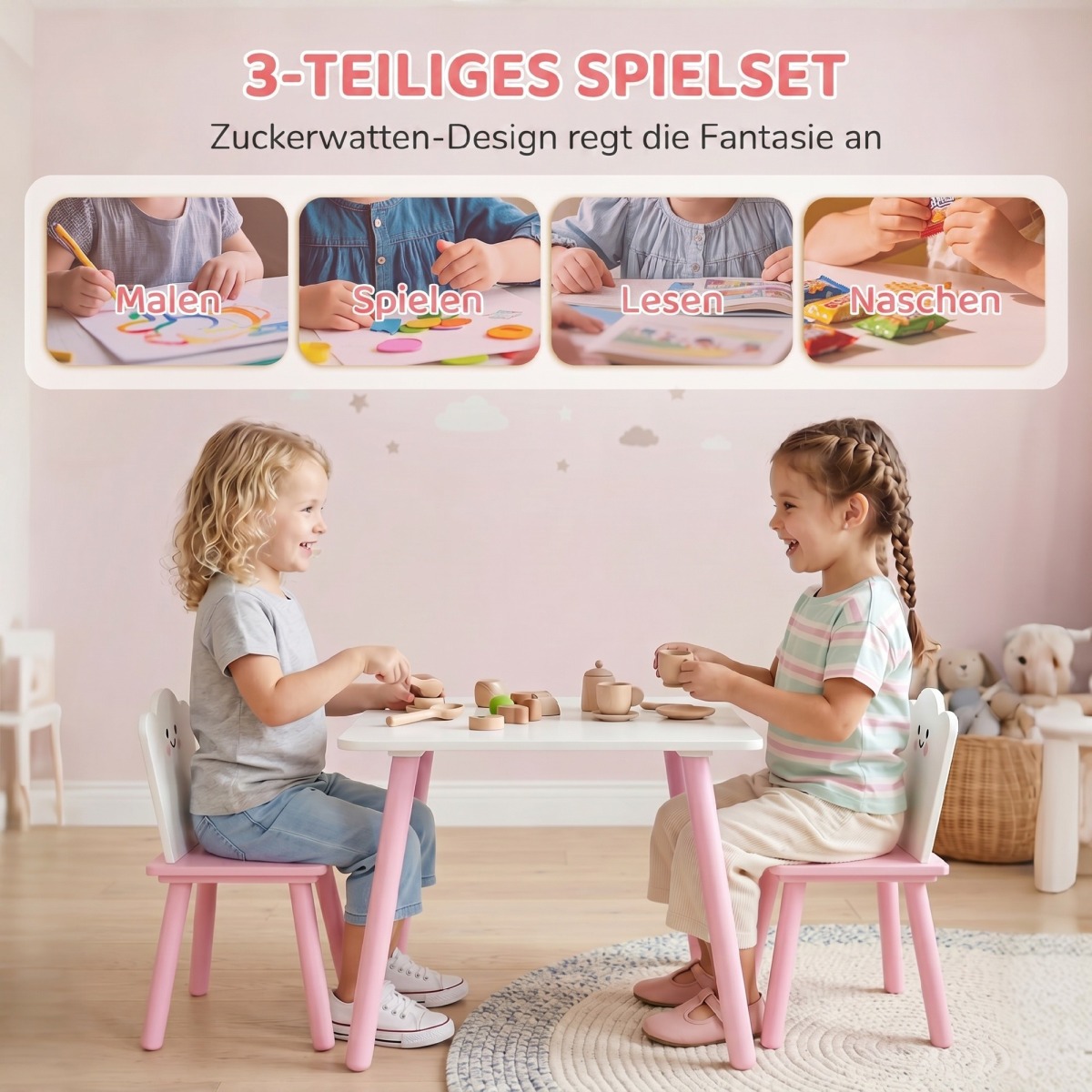 Rozā un balts bērnu galds ar 2 krēsliem, cukurvates stilā | MIU Kids